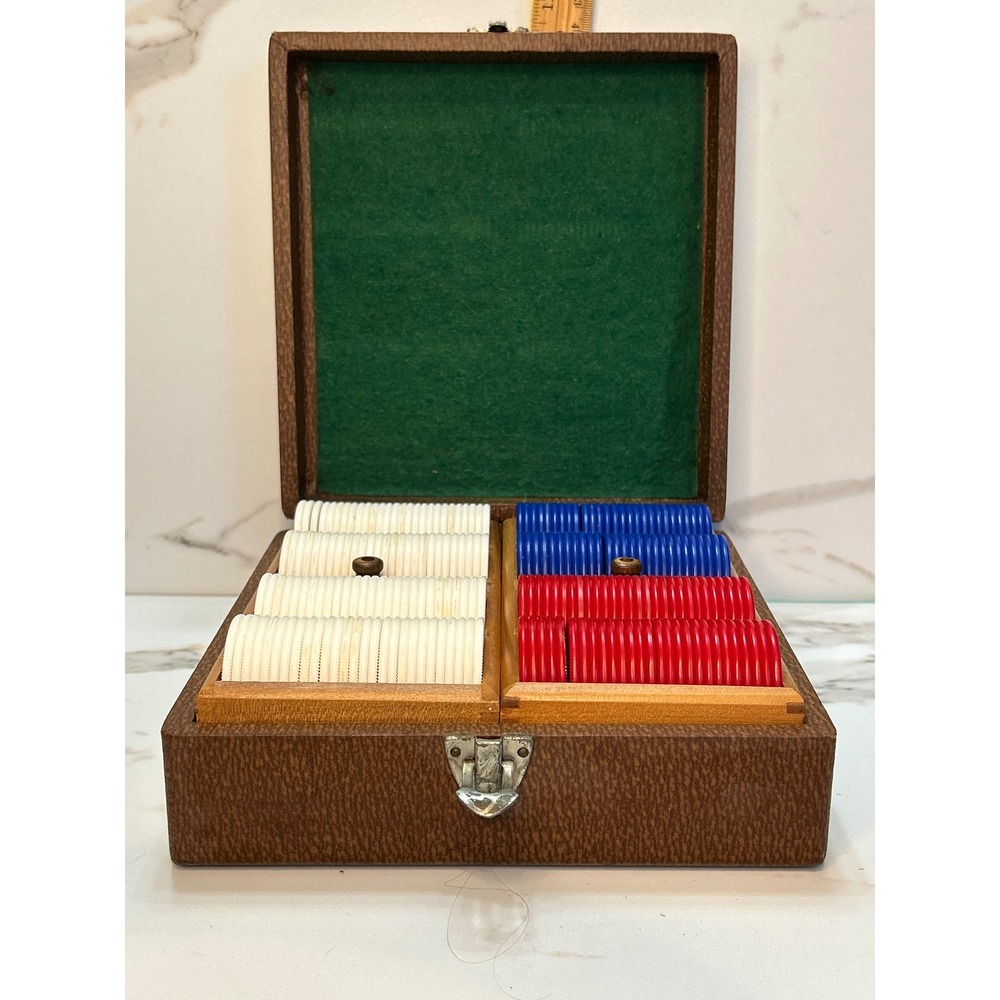 Vintage ES Lowe Poker Chip Set in Brown Case Wood Trays Red White Blue Chips
